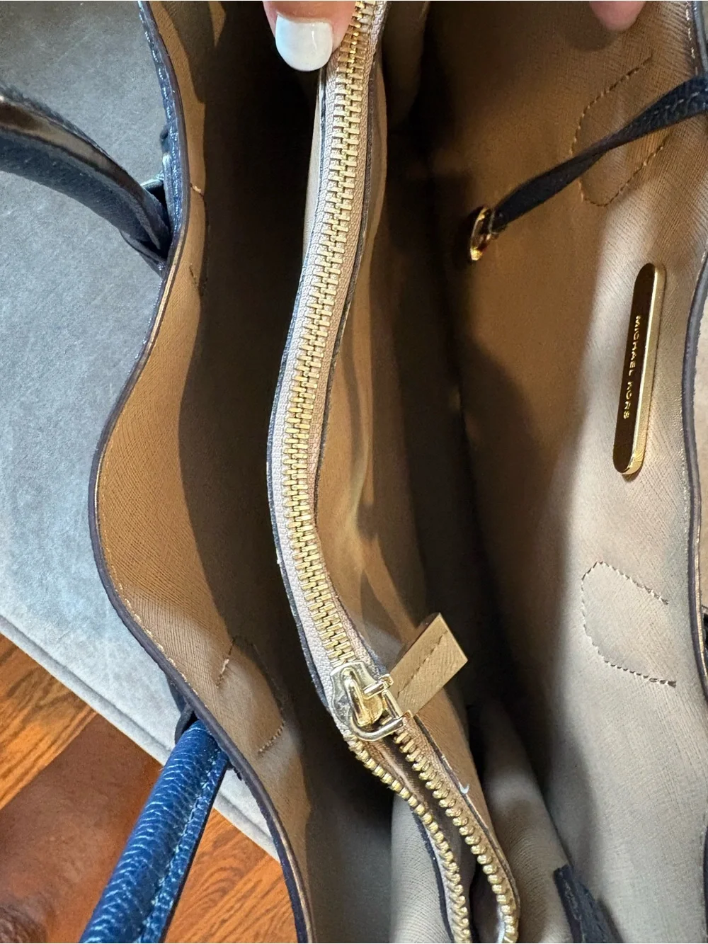 Michael Kors Navy Pebbled Leather Tote with Gold Padlock